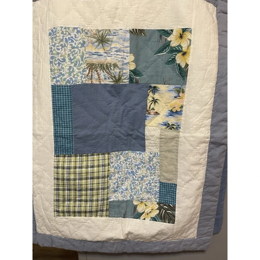 Vintage Handmade Quilted Pillow Shams Zipper Back Tropical Beachy Blue 30 X 24